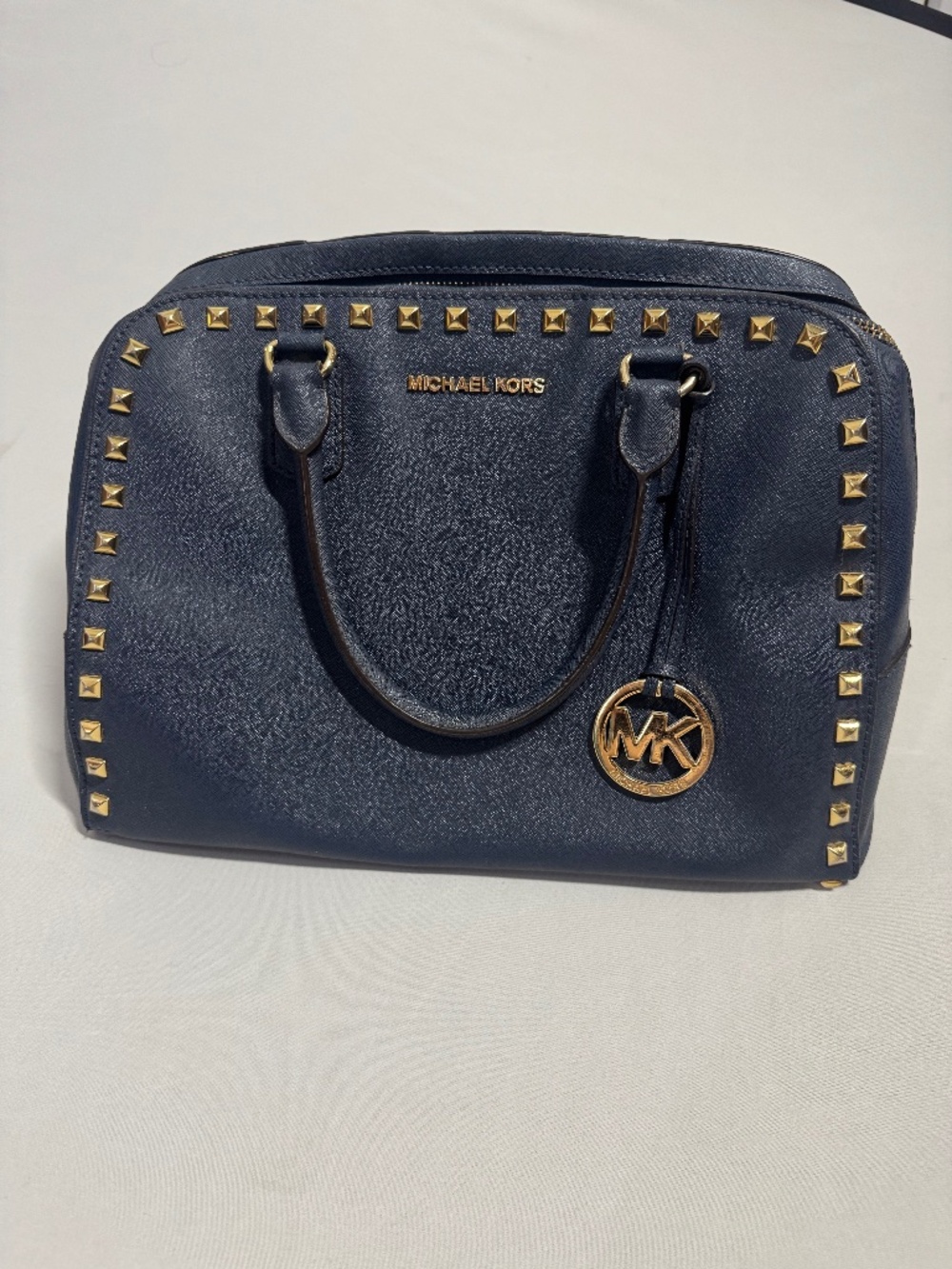 Michael Kors Emmy Navy Studded Saffiano Leather Satchel